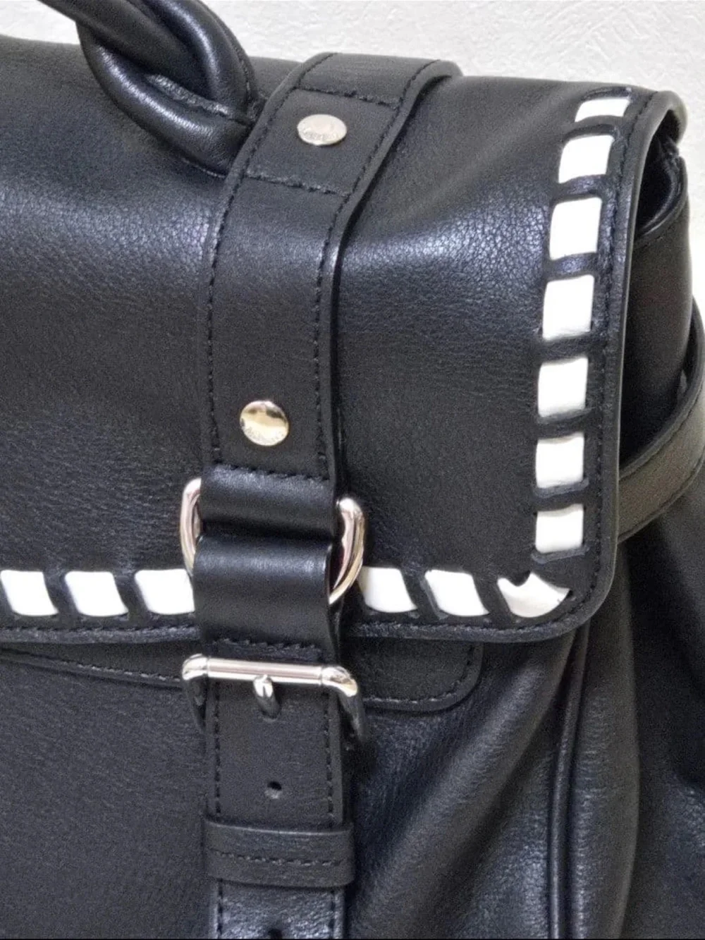 Mulberry Black Leather Satchel with White Trim